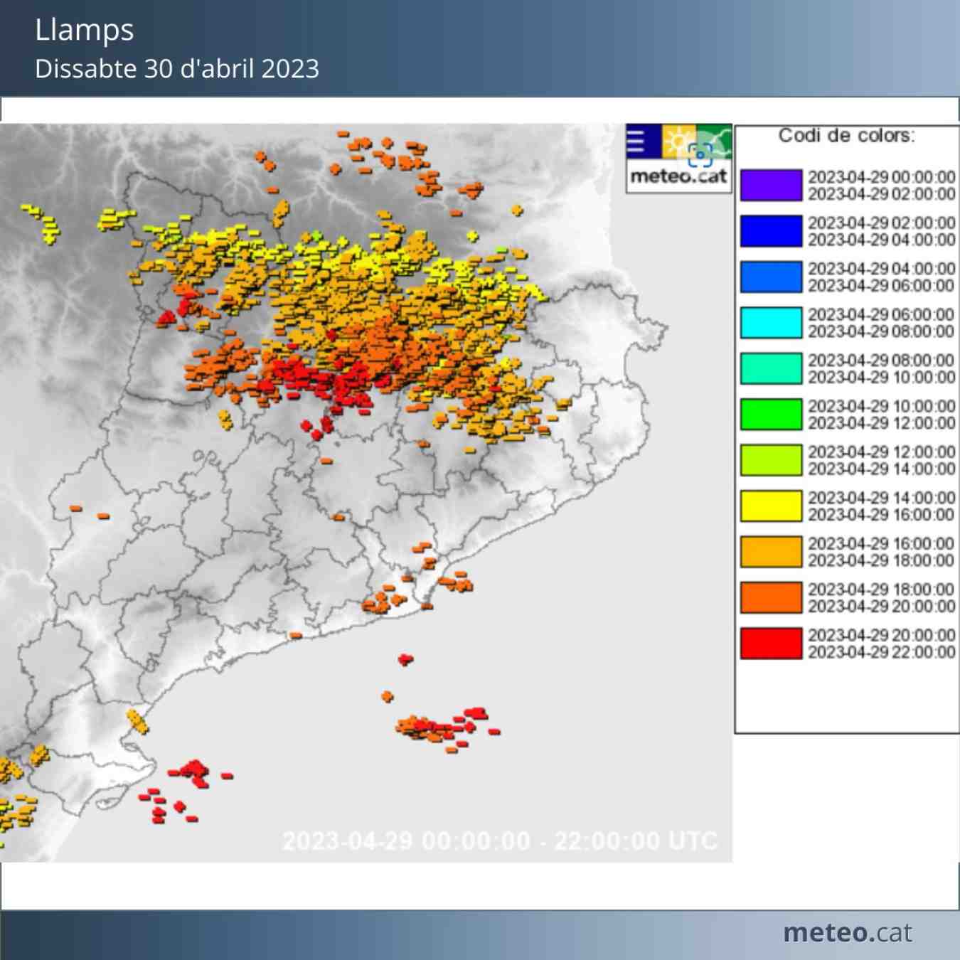 Segons el Servei Meteorològic de Catalunya, aquest dissabte han caigut 1891 descàrregues núvol-terra a Catalunya / Font: Servei Meteorològic de Catalunya