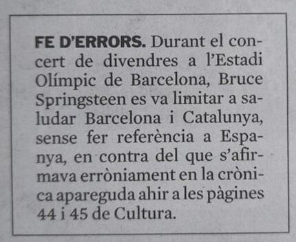 Fe errors La Vanguardia, concert Bruce Springsteen Barcelona