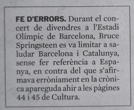 Fe errors La Vanguardia, concert Bruce Springsteen Barcelona Fe errors La Vanguardia, concert Bruce Springsteen Barcelona