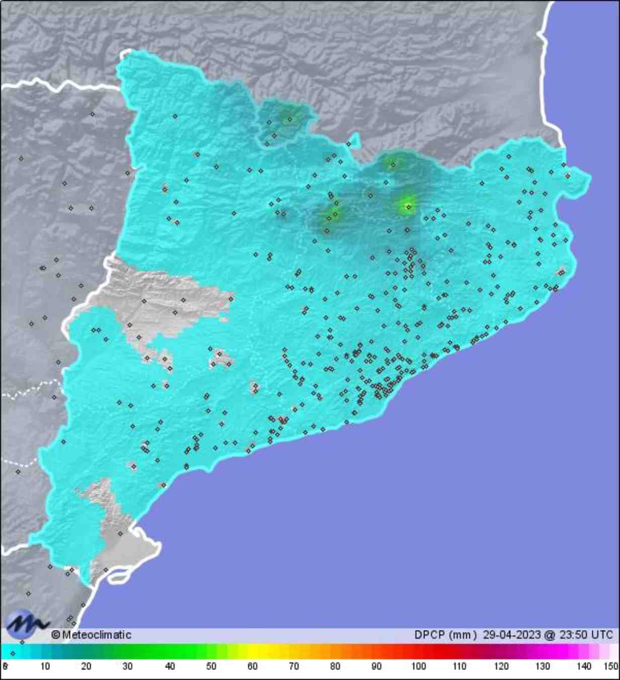 Mapa de tota la pluja caiguda dissabte. Tot i que va ploure més al nord-est, quasi tota Catalunya va quedar en remull / Dades no oficials. www.meteoclimatic.net