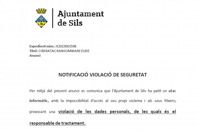 Comunicado Ayuntamiento Sils ciberataque