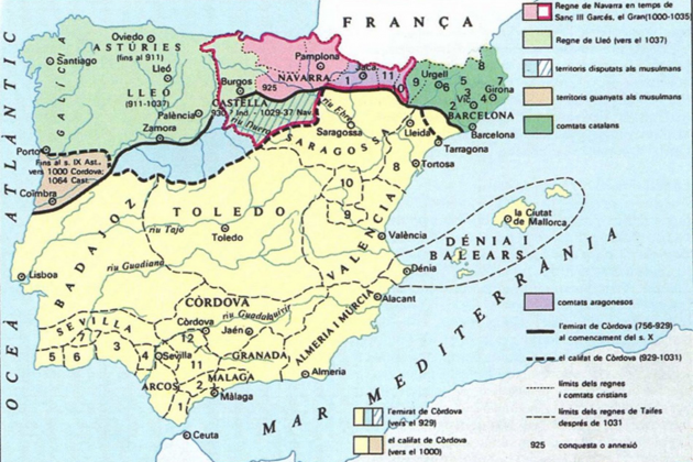 Mapa de la península ibèrica al voltant de l'any 1000. Font Enciclopedia Mapa de la península ibèrica al voltant de l'any 1000. Font Enciclopedia