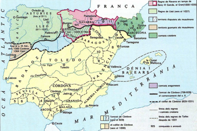 Mapa de la península ibérica en torno al año 1000. Font Enciclopedia