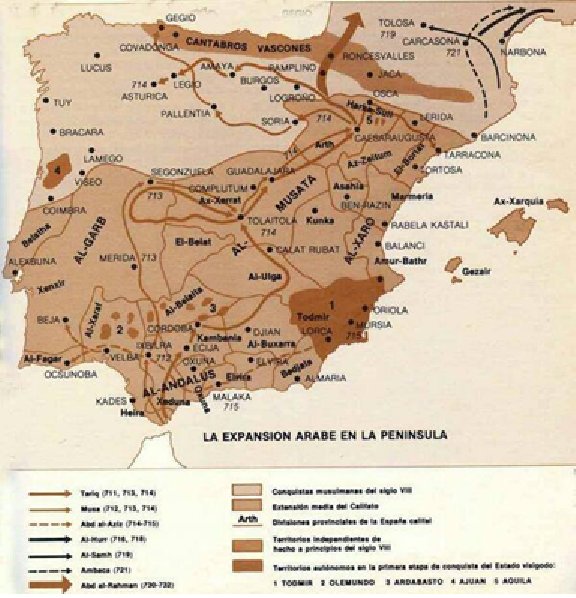 Mapa de la conquesta àrab de la península ibèrica. Font Universitat de Sevilla Mapa de la conquesta àrab de la península ibèrica. Font Universitat de Sevilla