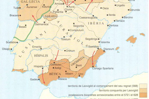 Mapa de les províncies de la monarquia visigòtica hispànica (segles VI a VIII). Font Enciclopedia