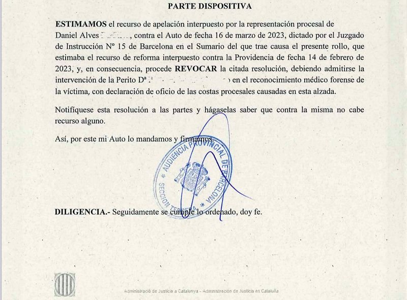 Estimado el recurso de apelación de Alves: habrá un perito de la defensa en el examen médico-forense