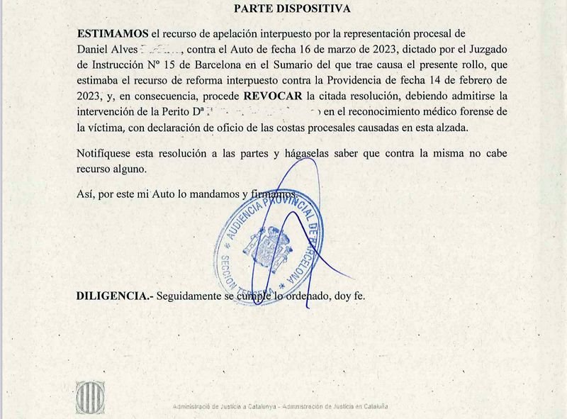 Estimat el recurs d'apel·lació d'Alves: hi haurà un pèrit de la defensa en l'examen mèdic forense