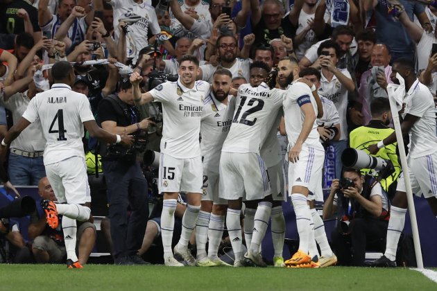Los jugadores del Real Madrid celebrando el gol de Vinicius / Foto: EFE