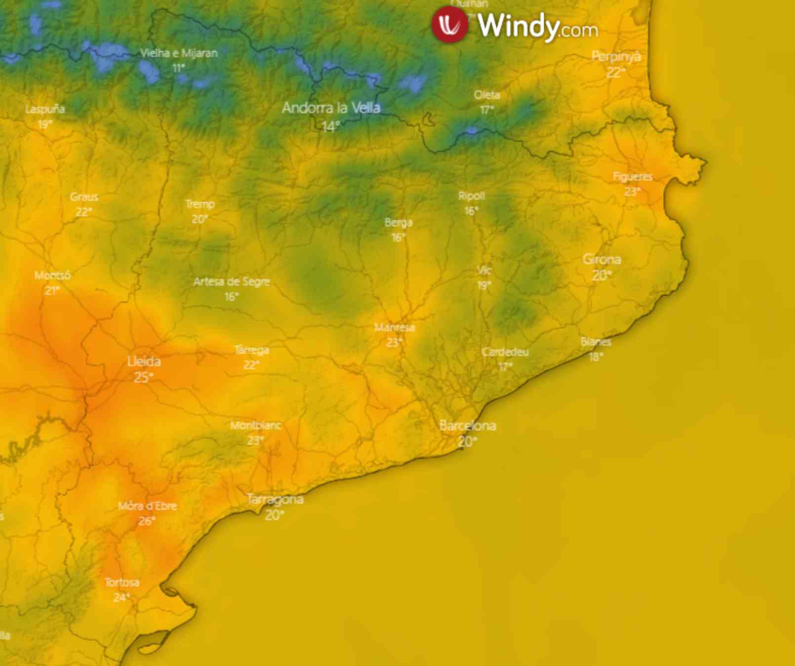 La temperatura más alta este domingo se dará entre Tortosa, Móra d'Ebre y Lleida / WINDY La temperatura más alta este domingo se dará entre Tortosa, Móra d'Ebre y Lleida / WINDY