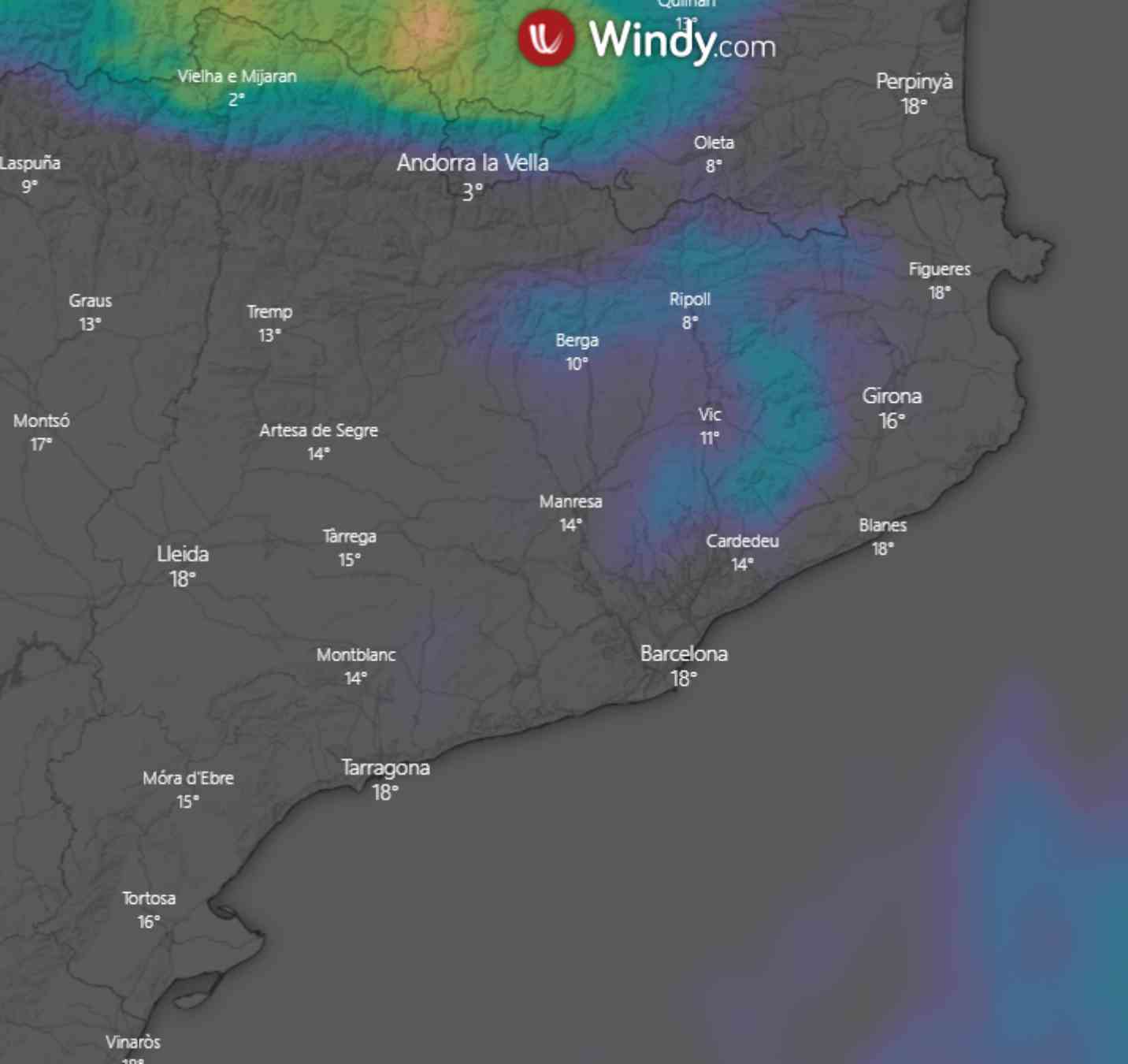 Girona se quedará al margen de la lluvia más intensa, aunque esta semana, será poca / Windy