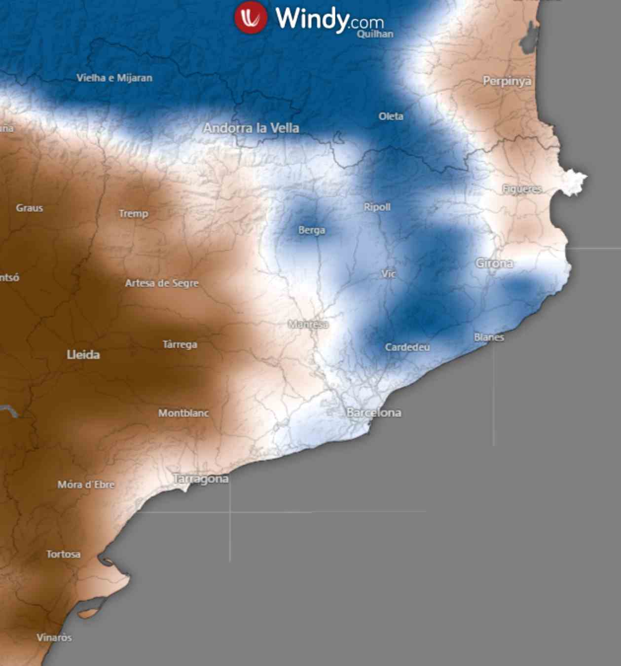 Estat actual de la humitat del sol. En blau, zones més humides, en marró, les zones que estan extremadament seques / Windy