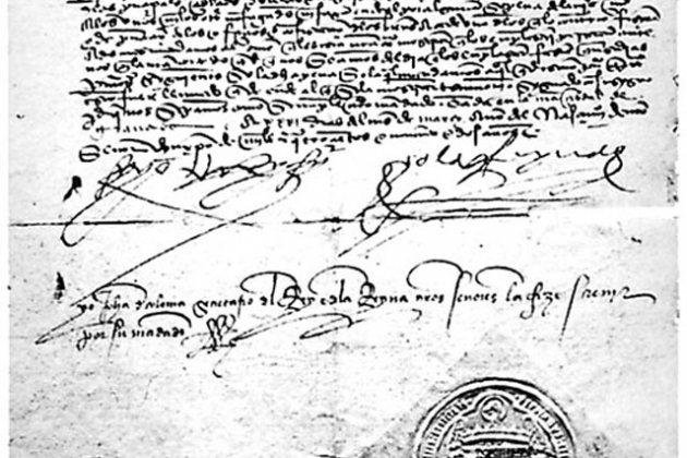 Els Reis Catolics signen el decret d'expulsió dels jueus catalans. Decret de l'Alhambra. Font Wikipedia France