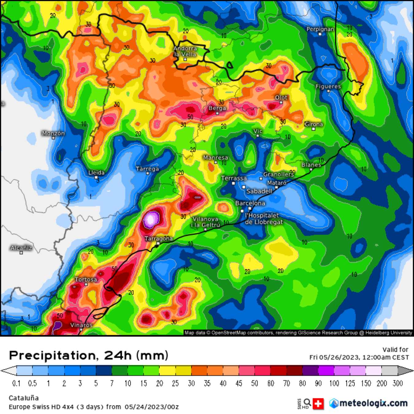 Quantitat de pluja que podria caure aquest dijous. Serà el dia amb més aigua de la setmana / Meteologix