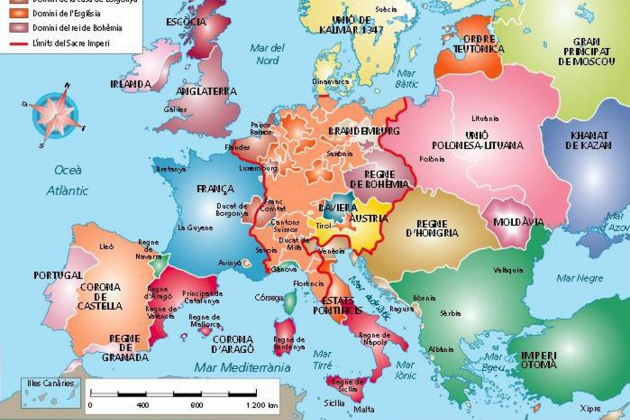 Test 5. Els Reis Catòlics i la unitat dinàstica hispànica. Mapa d'Europa en temps dels Reis Catolics. Font Arxiu d'El Nacional