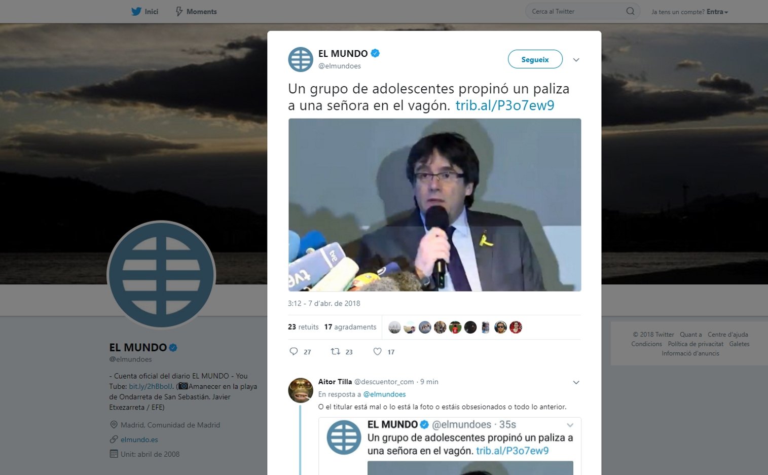 'El Mundo' cuela una foto de Puigdemont en un tuit sobre una paliza