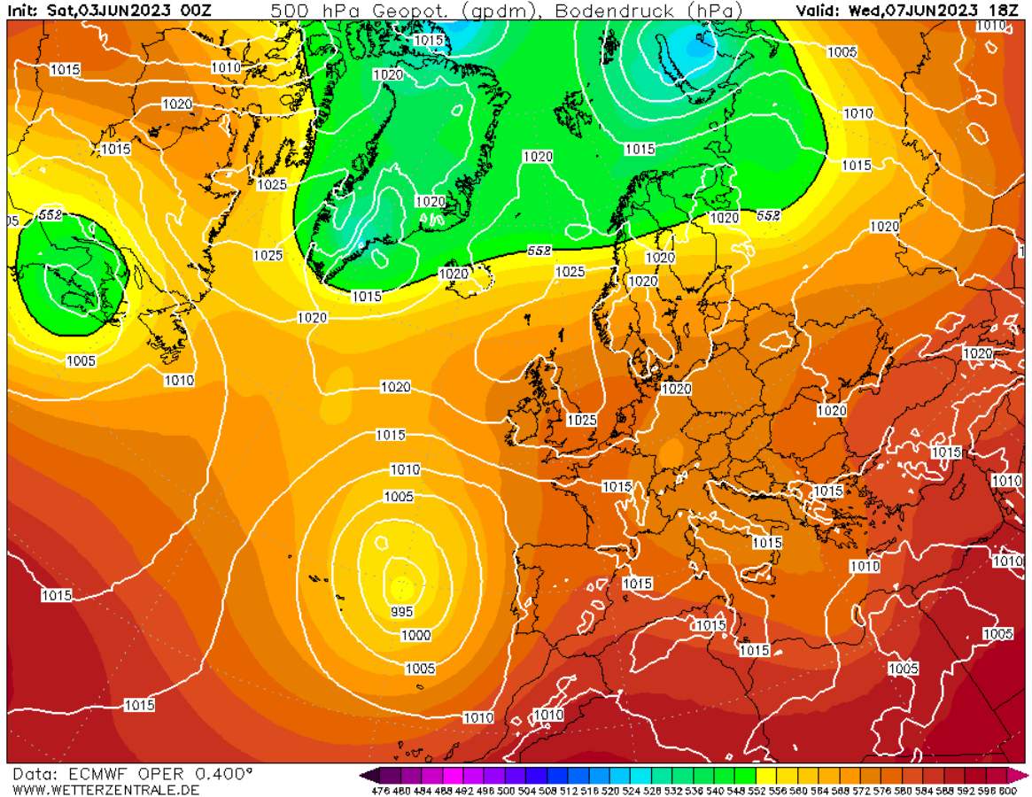 Les zones en groc corresponen a zones de baixes pressions associades amb mal temps / WETTERZENTRALE