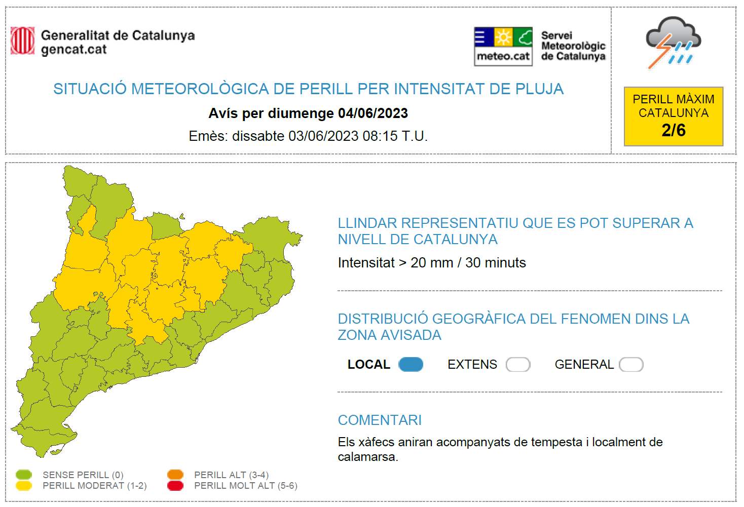 El Servei Meteorològic de Catalunya posa en avís per possibilitat de més 20 litres en mitja hora a les comarques del Pallars Jussà, la Noguera, l'Alt Urgell, el Solsonès, la Segarra, l'Anoia, el Bages, el Berguedà, el Ripollès, Osona i la Garrotxa / Servei Meteorològic de Catalunya
