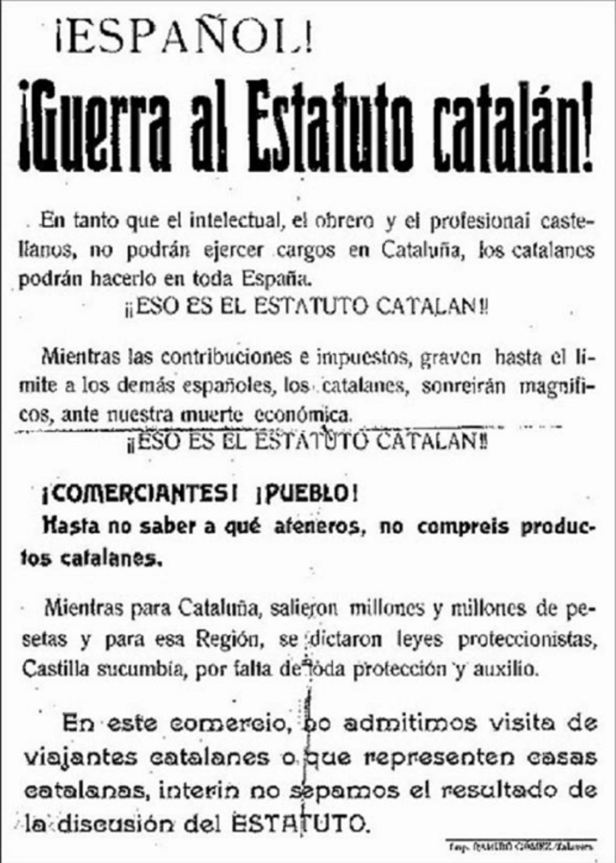 Pasquín anti estatuto de Catalunya (1932). Fuente Wikimedia Commons Pasquín anti estatuto de Catalunya (1932). Fuente Wikimedia Commons
