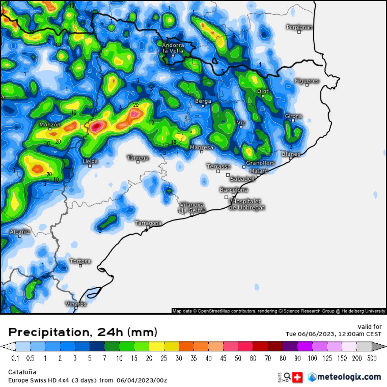 Atención en la Noguera y la Segarra se vivirán momentos peligrosos en las carreteras / meteologix.com