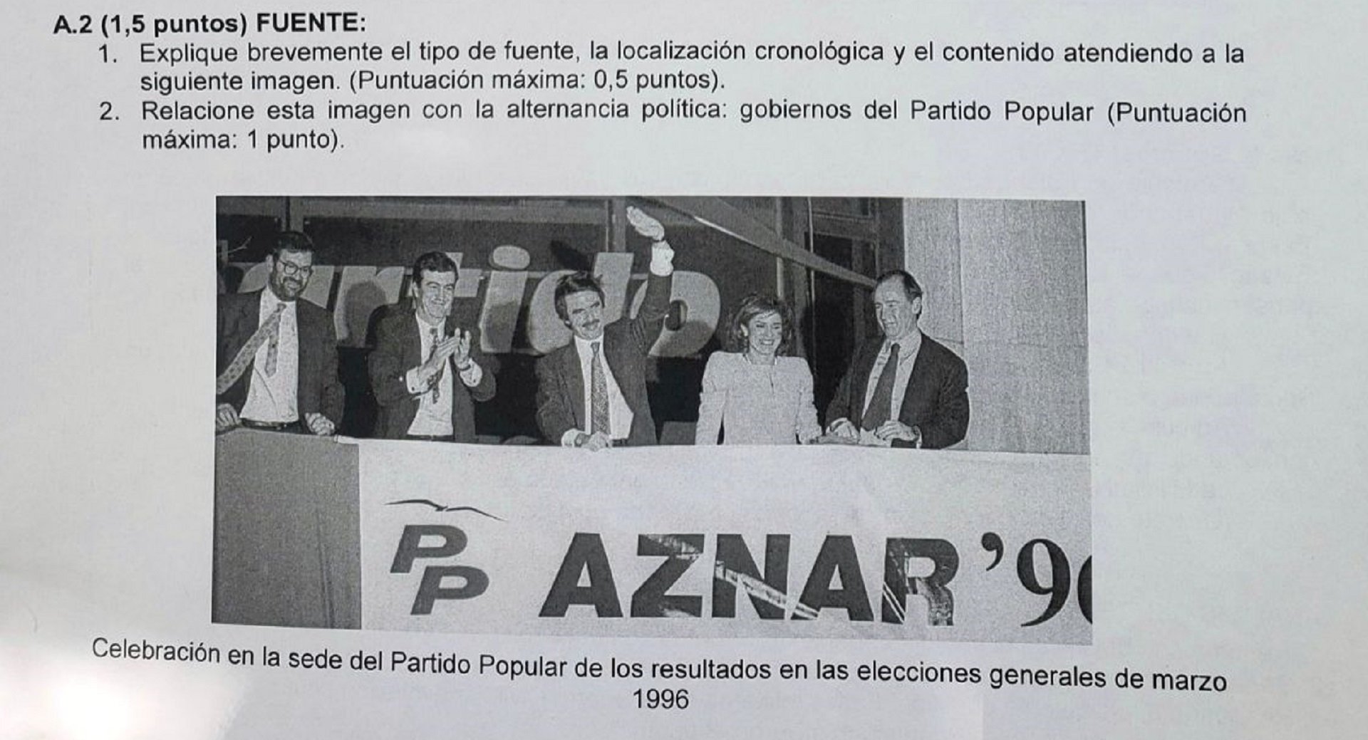 Polémica con el examen de historia de la EvAU de Madrid: una foto de la victoria de Aznar en 1996