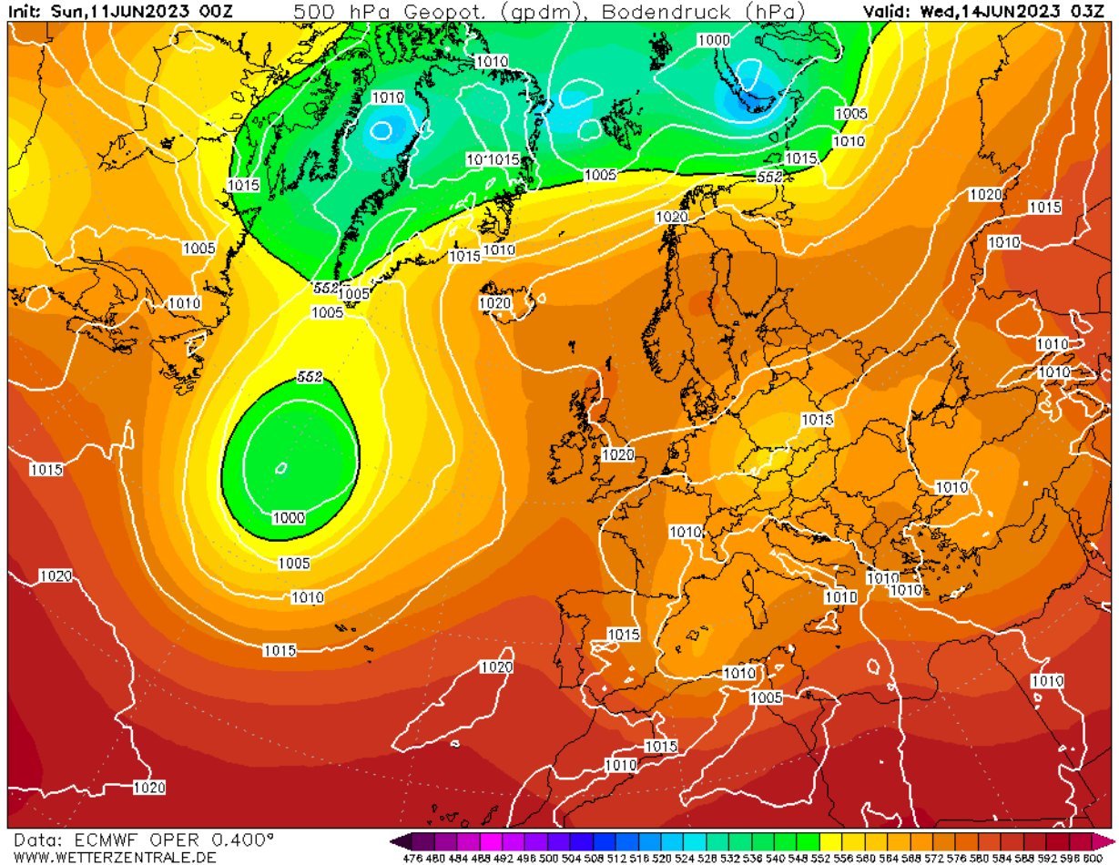 Les zones en groc, de baixes pressions, que es dirigeixen cap al Mediterrani seran les responsables de les fortes tempestes de la setmana / WETTERZENTRALE