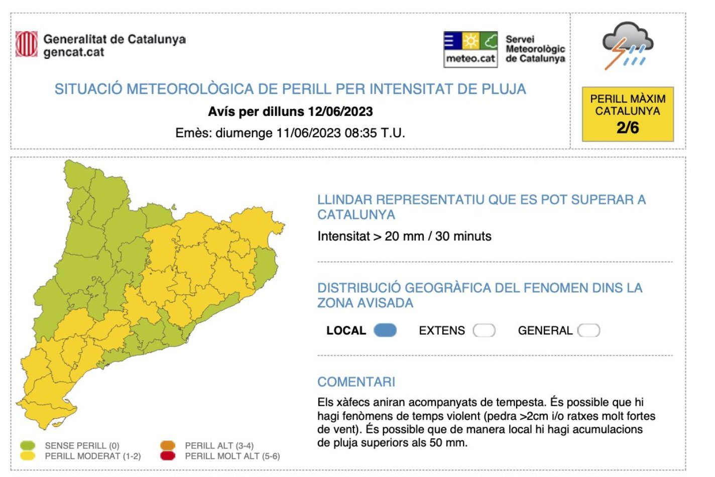 Més de la meitat de les comarques catalanes tenen avís per intensitat de pluja el primer dia de la setmana / Servei Meteorològic de Catalunya