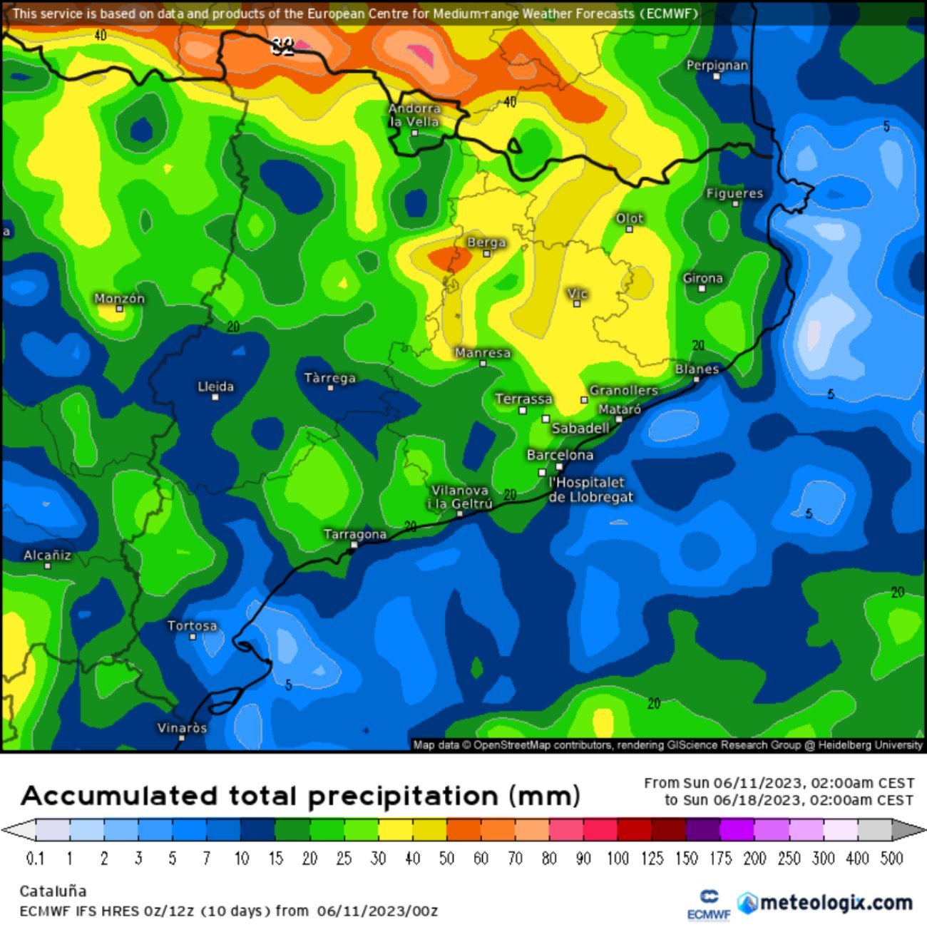 Previsión de lluvia acumulada por la semana que viene: lloverá en todo Catalunya / www.meteologix.com