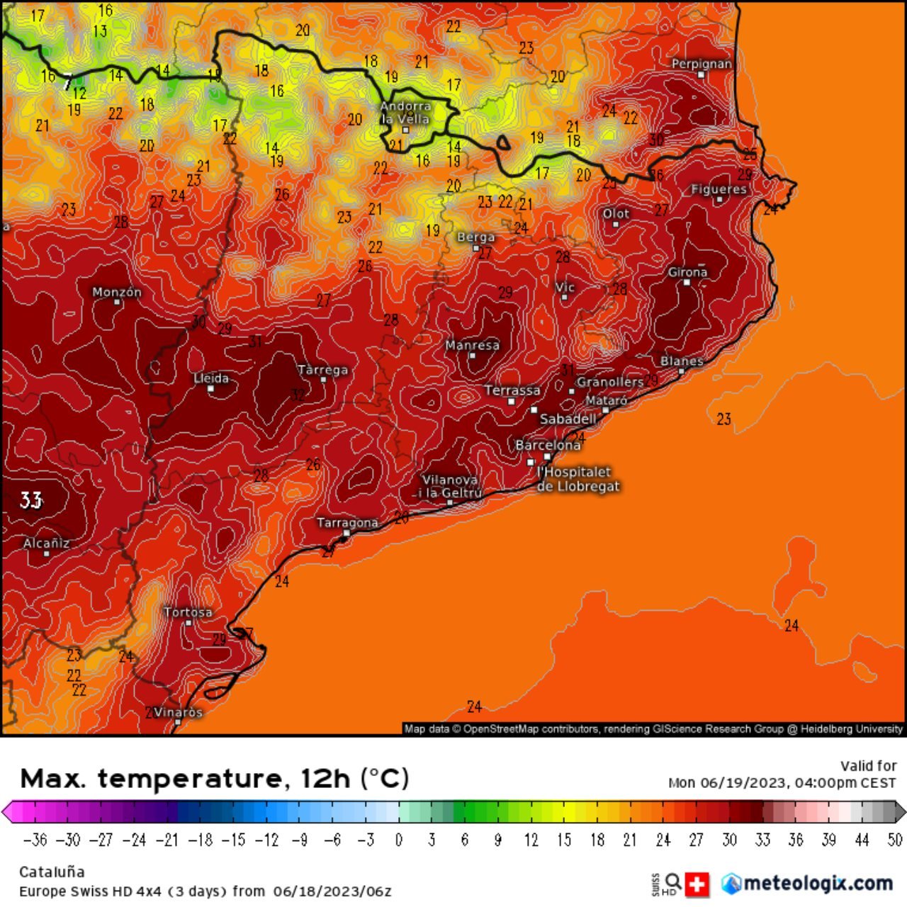 El calor apretará en toda Catalunya esta semana. Las máximas para el lunes superan los 30 °C a casi todas partes / Meteologix.com