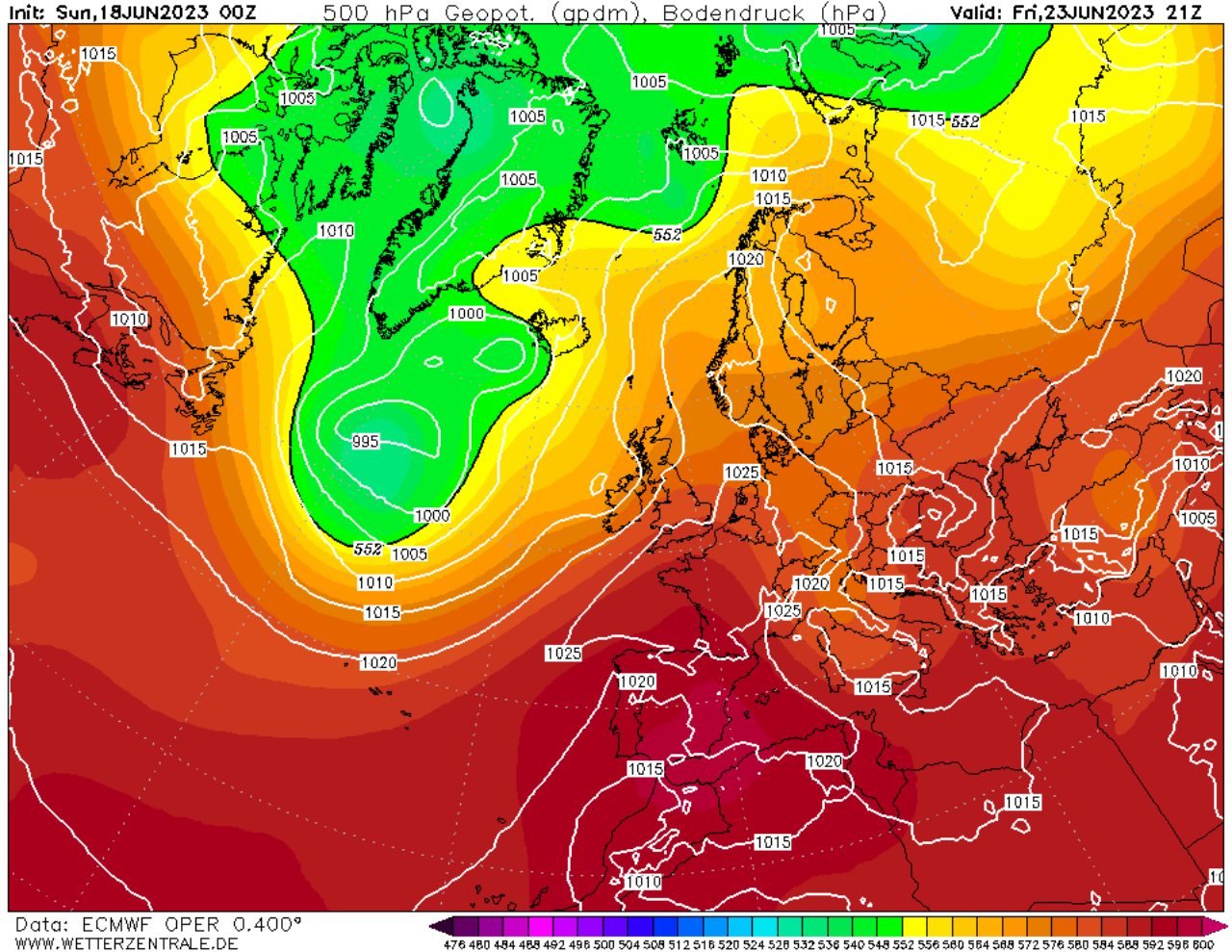 Esta semana nos afectará a un dorsal, los colores rojos, que favorece el buen tiempo / Wetterzentrale