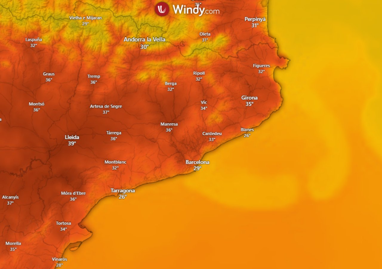 Estem davant d'un episodi de calor intensa a tot Catalunya: els termòmetres passaran la línia dels 40 °C / WINDY