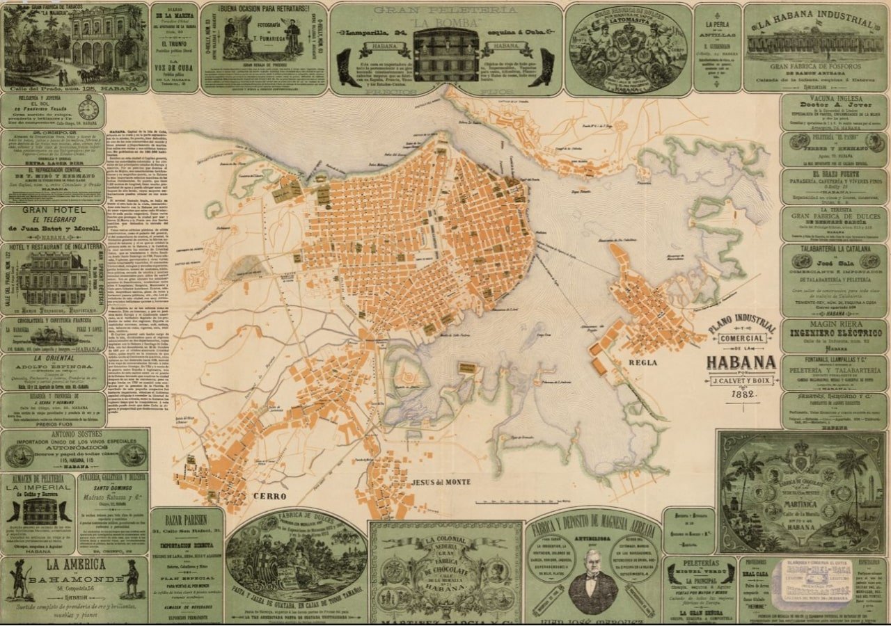 Plano comercial de La Habana (1882). Imprimit en Barcelona. La mayoría de los anunciantes sueño catalanes. Fuente Cartoteca de Catalunya