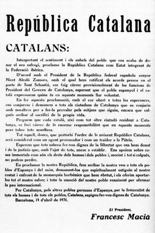 Macià proclama la República Catalana dins la Federació Ibèrica. Primer ban oficial de la Generalitat republicana. Font Wikisource