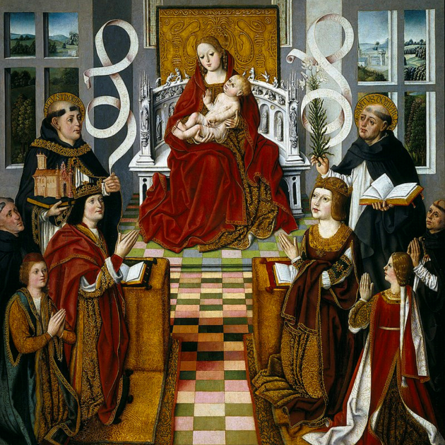 La Virgen de los Reyes Católicos. A la izquierda Ferran de Aragón y detrás suyo el inquisidor Torquemada. Fuente Museo del Prado
