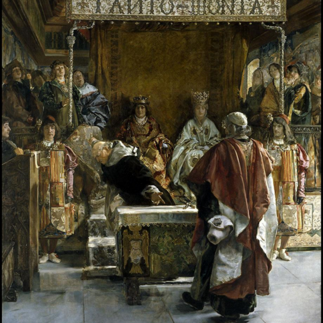 Los Reyes Catolics y Torquemada (inclinado) en Granada, en la firma del Decreto del Alhambra. Fuente Archivo de ElNacional