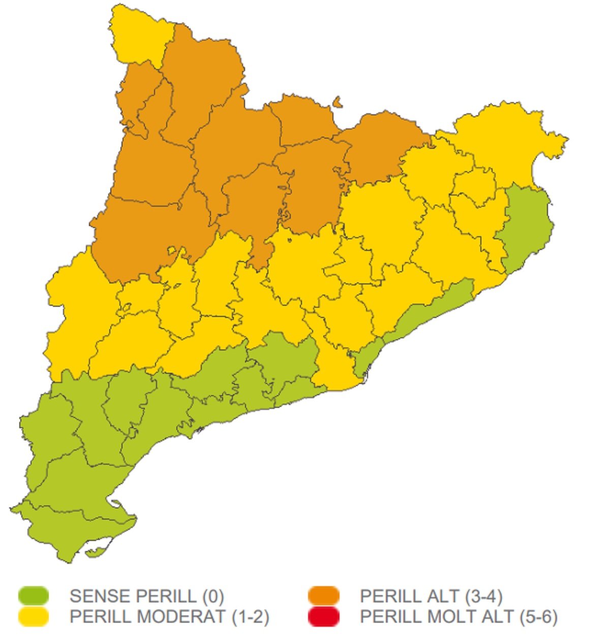 Mapa peligro fuertes lluvias y tormentas Catalunya Meteocat