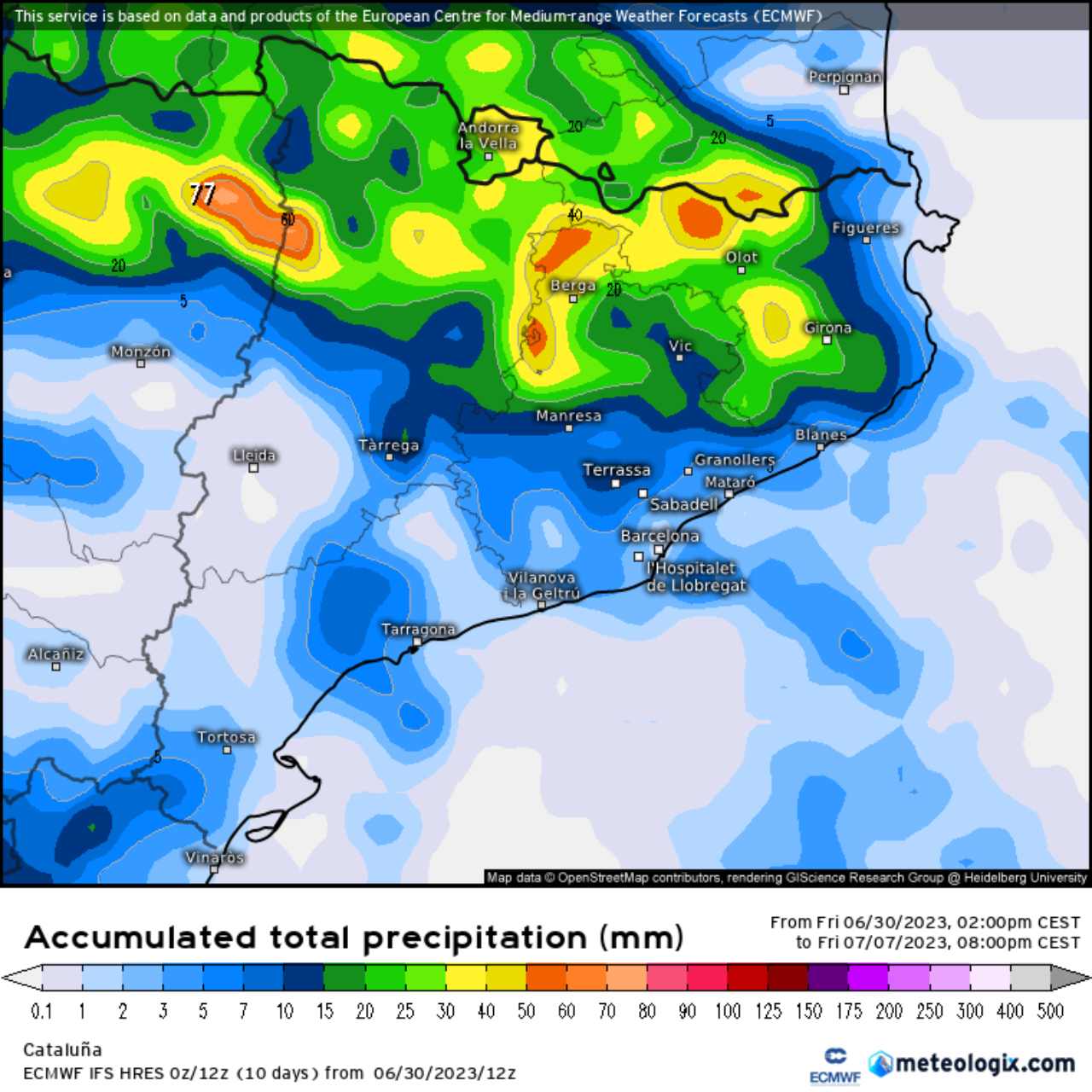 Las zonas con aguaceros volverán a ser las de montaña, pero en Barcelona, también lloverá esta semana / www.meteologix.com