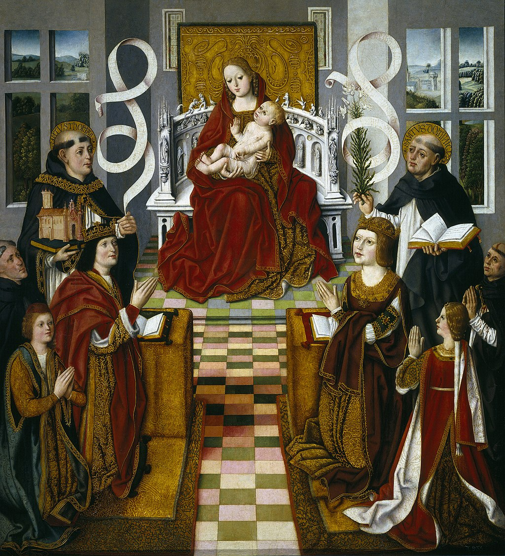 La Verge dels Reis. Ferran, Isabel i Joan  i Torquemada darrera Ferran. Font Museu del Prado
