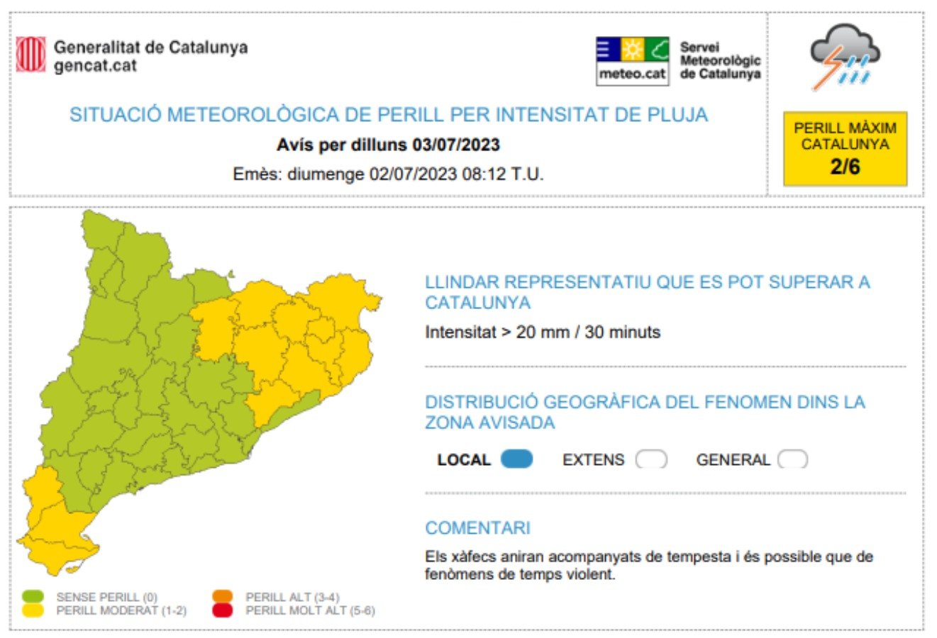 El Servei Meteorològic de Catalunya ha activat els avisos per intensitat de pluja a 13 comarques / Servei Meteorològic de Catalunya