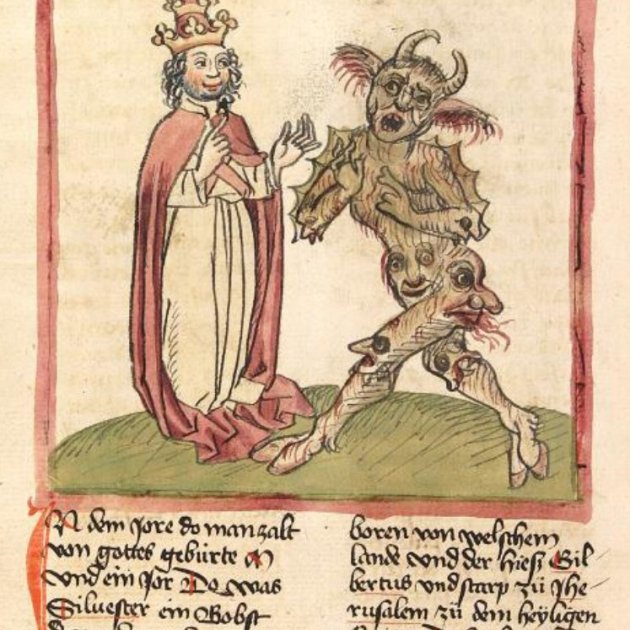 Representació baixmedieval de Silvestre i el dimoni. Font Biblioteca Estatal de Baviera