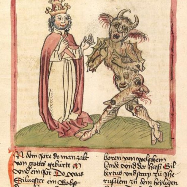 Representación bajomedieval de Silvestre y el demonio. Fuente Biblioteca Estatal de Baviera Representación bajomedieval de Silvestre y el demonio. Fuente Biblioteca Estatal de Baviera