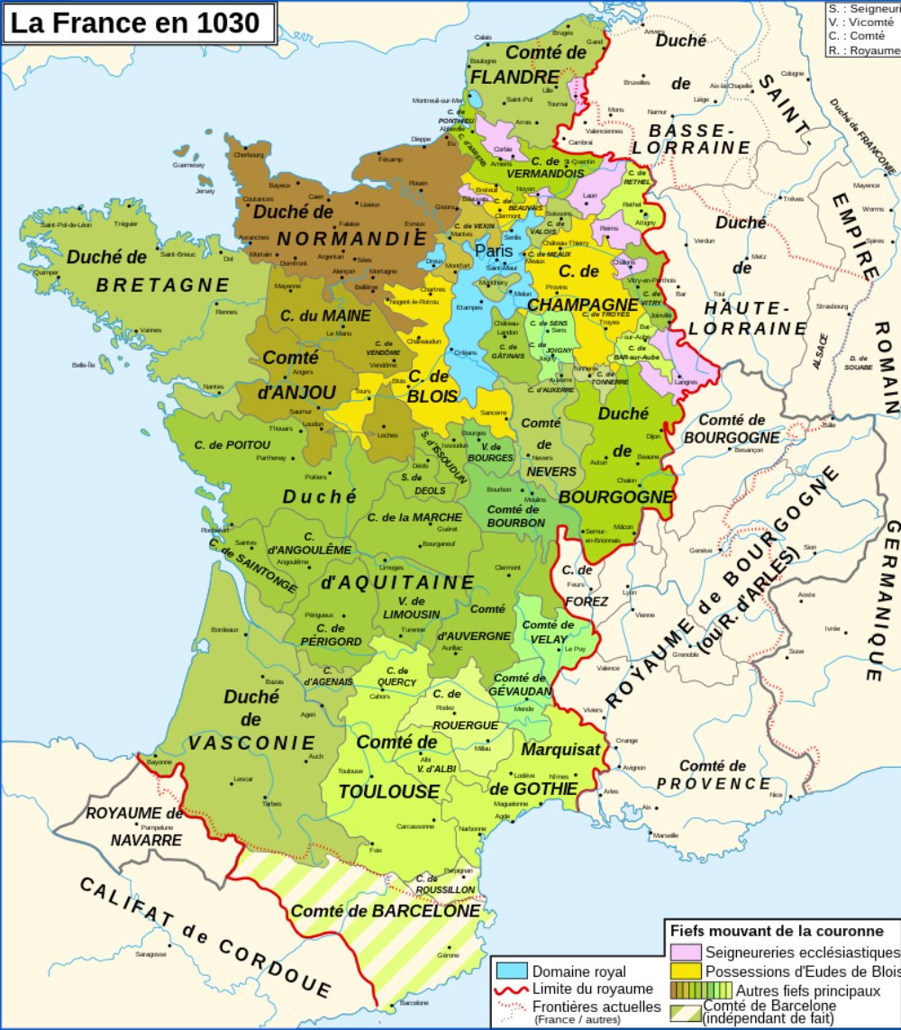 Mapa del regne de França cap a l'any 1000. Font Cartes de France