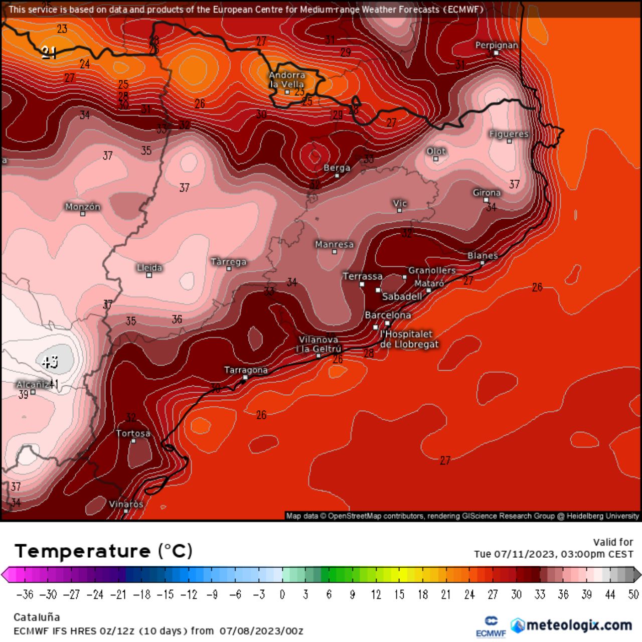 Uno de los modelos de referencia, el ECMWF, pronostica la posibilidad de más de 43 °C el próximo martes / meteologix.com