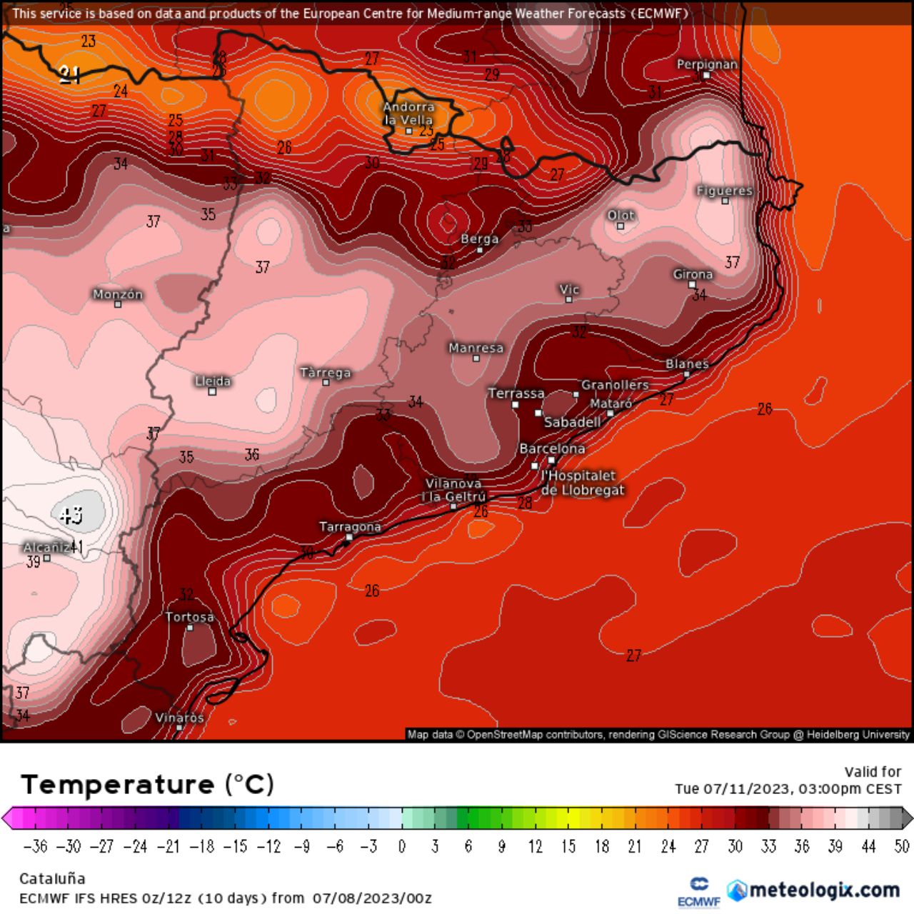 Uno de los modelos de referencia, el ECMWF, pronostica la posibilidad de más de 43 °C el próximo martes / meteologix.com