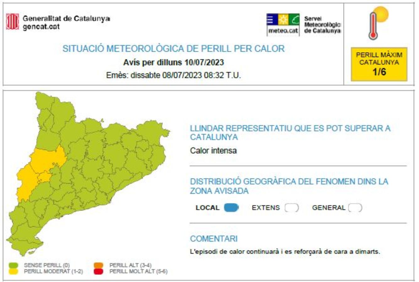 Dilluns, s'activen els primers avisos per calor, tot i que segons el Servei Meteorològic de Catalunya: "L'episodi de calor continuarà i es reforçarà de cara a dimarts" / Servei Meteorològic de Catalunya