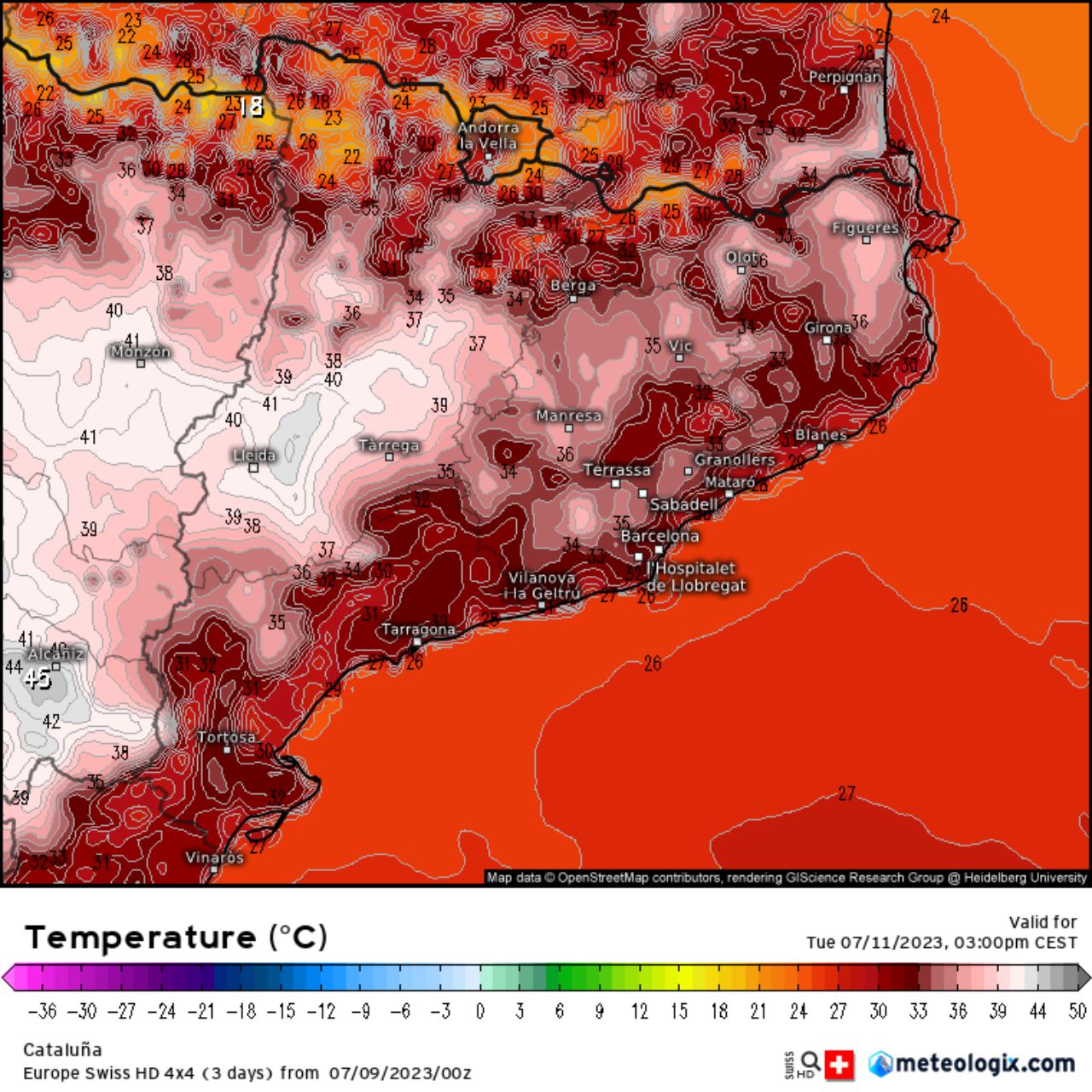 El martes, el calor|bochorno será insoportable. En el interior de Catalunya, pasarán de los 40 °C / meteologix.com