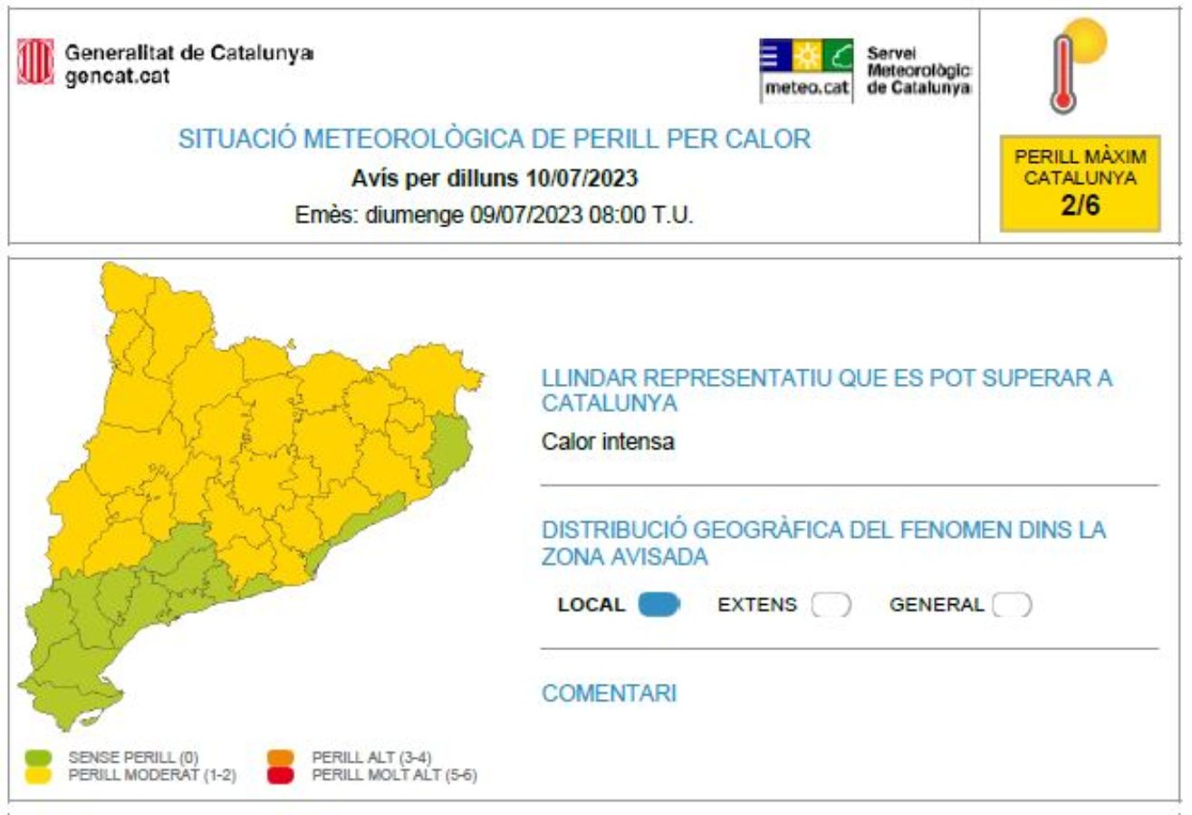 Los avisos abrazan en casi toda Catalunya: las comarcas que no están en aviso también sufrirán mucho calor, aunque no superarán los umbrales de peligro / Servicio Meteorológico de Catalunya