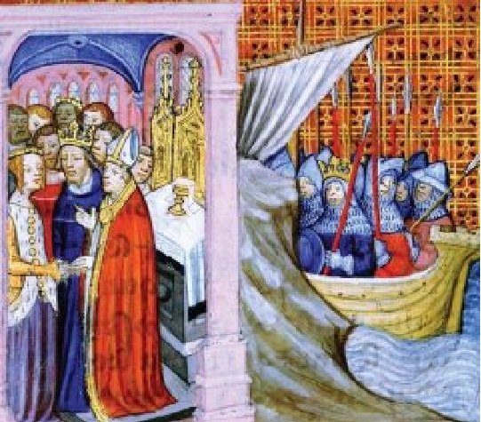 Miniatura que representa el matrimoni d'Elionor d'Aquitània i Lluís de França. Font Bibilotheque Nationale de France