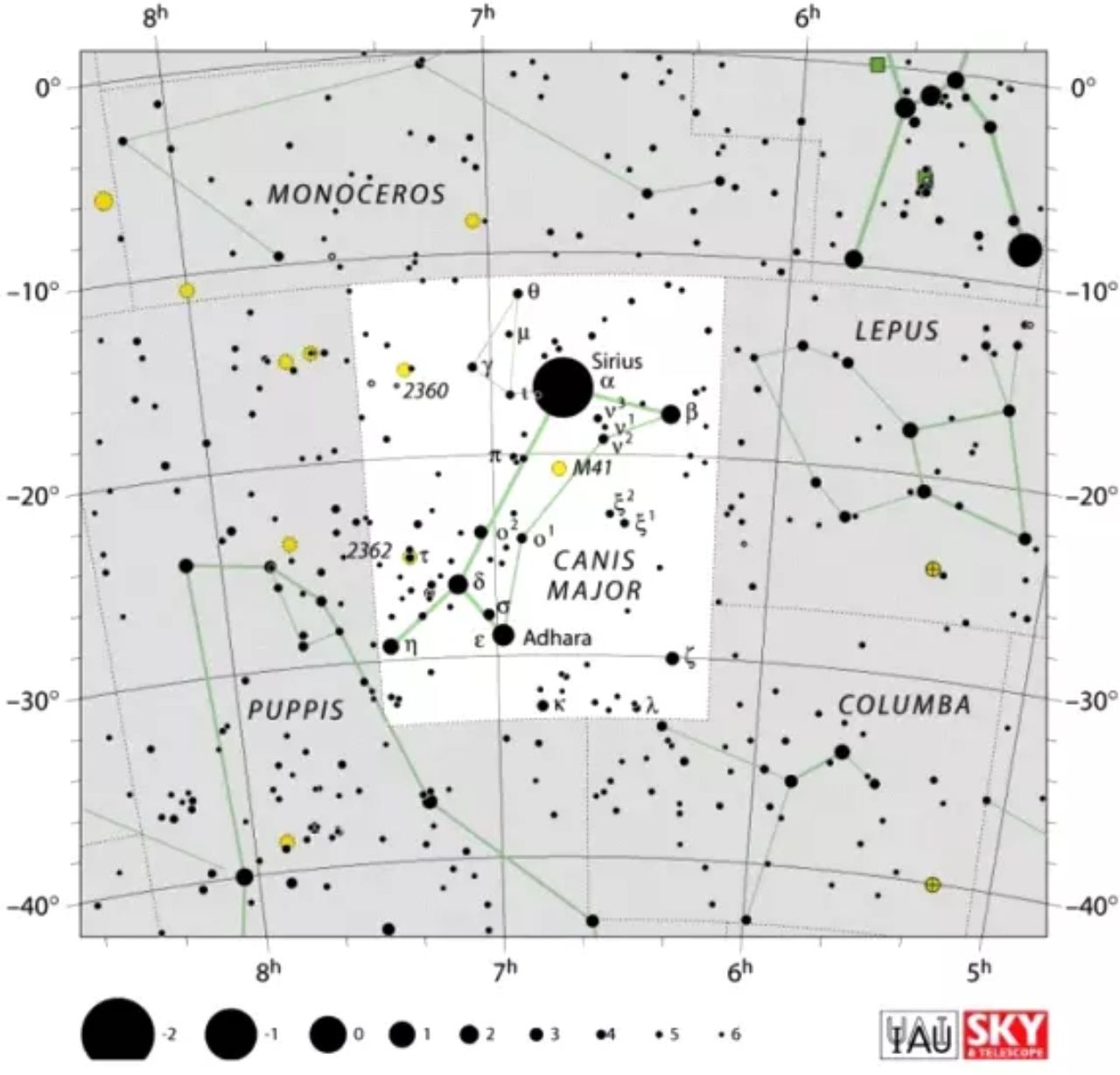 La constel·lació del Ca Major conté Sirius, l'estrella més brillant que podem veure al cel des de la Terra / IAU i Sky&Telescope La constel·lació del Ca Major conté Sirius, l'estrella més brillant que podem veure al cel des de la Terra / IAU i Sky&Telescope