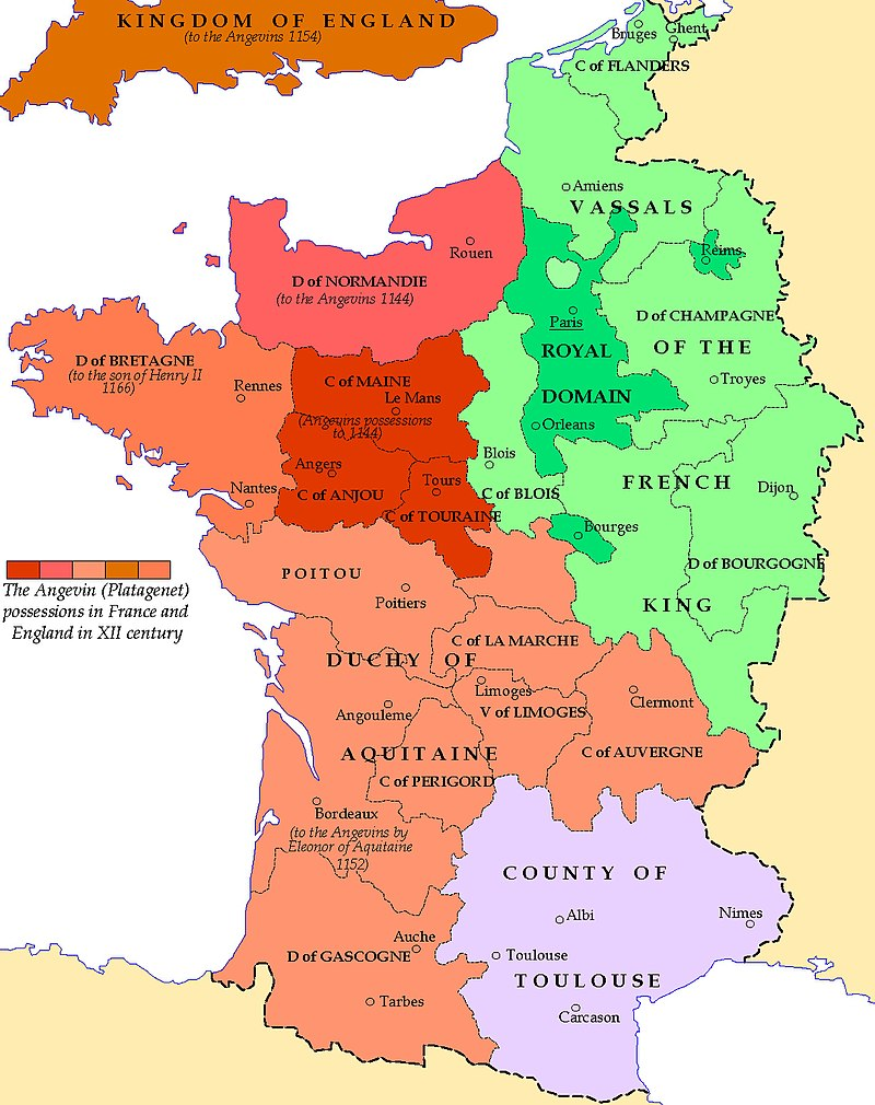 Dominios del eje Aquitània Plantagenet. Fuente Historical Atlas by William Shepherd