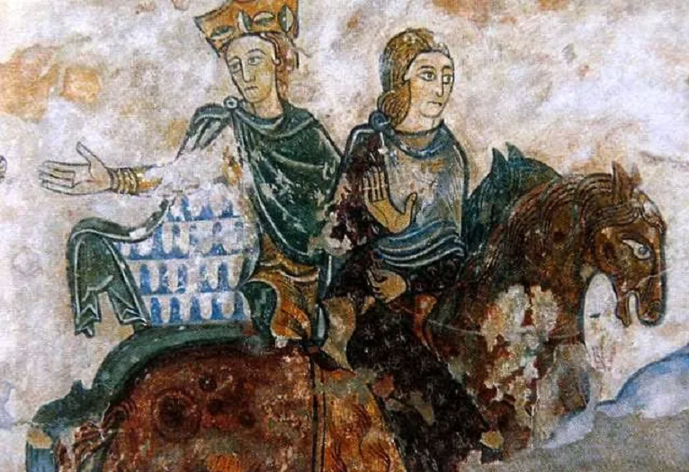 Representación coetánea de Leonor y su hijo Joan Sin Tierra (siglo XII). Fuente Iglesia Parroquial de Chinon. Francia